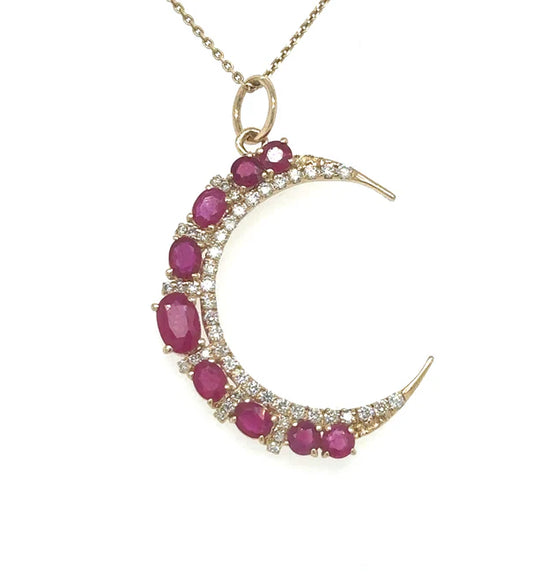 14KT YELLOW GOLD HALF MOON PENDANT WITH RUBY AND DIAMONDS