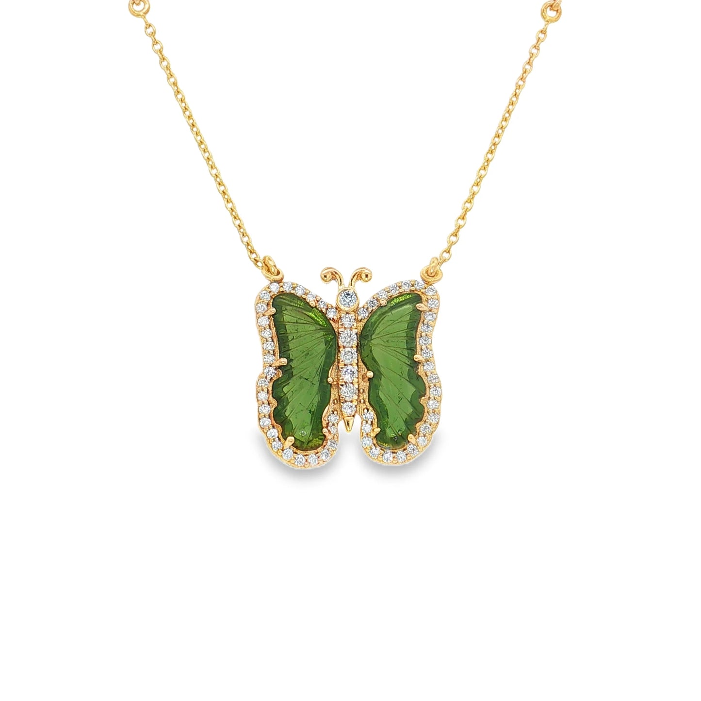 14KT YELLOW GOLD WATERMELON TOURMALINE AND DIAMONDS BUTTERFLY NECKLACE