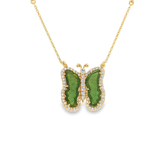 14KT YELLOW GOLD WATERMELON TOURMALINE AND DIAMONDS BUTTERFLY NECKLACE