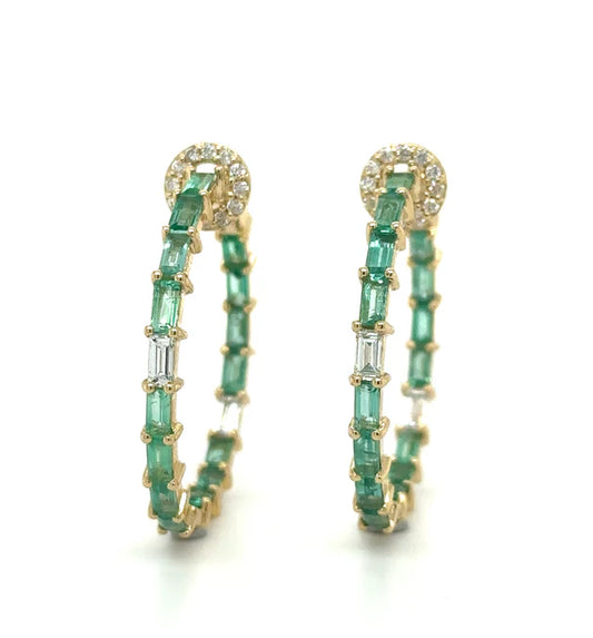 14KT YELLOW GOLD EMERALD AND DIAMONDS HOOP EARING