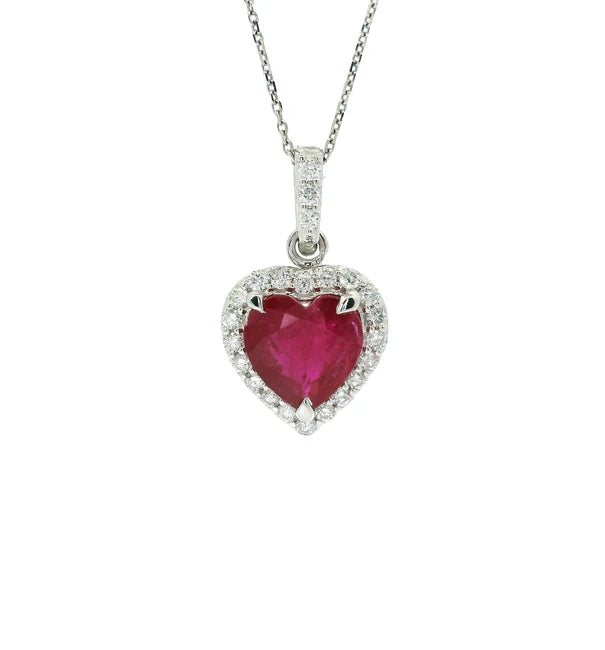 18KT WHITE GOLD RUBY AND DIAMOND HEART SHAPE PENDENT
