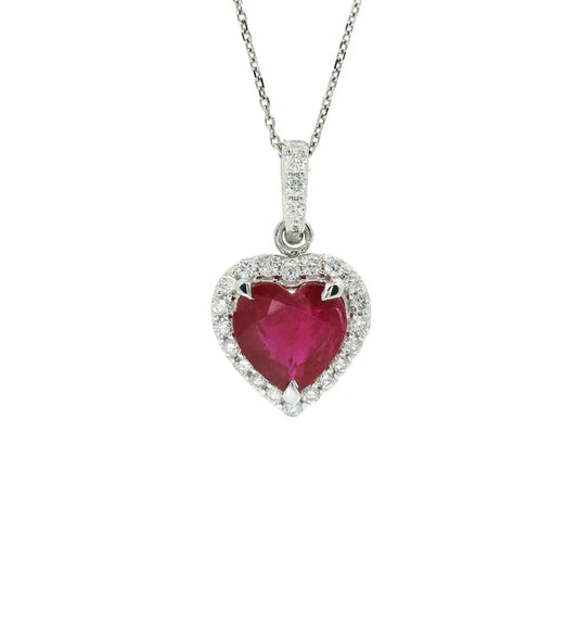 18KT WHITE GOLD RUBY AND DIAMOND HEART SHAPE PENDENT