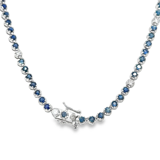 14KT GOLD BLUE SAPPHIRE AND DIAMOND TENNIS NECKLACE