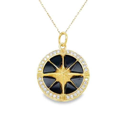 14KT YELLOW GOLD BLACK ONYX COMPASS PENDANT WITH DIAMONDS