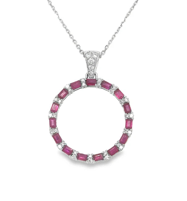18KT WHITE GOLD RUBY AND DIAMOND OPEN CIRCLE NECKLACE
