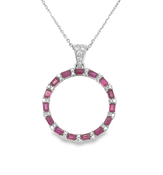 18KT WHITE GOLD RUBY AND DIAMOND OPEN CIRCLE NECKLACE