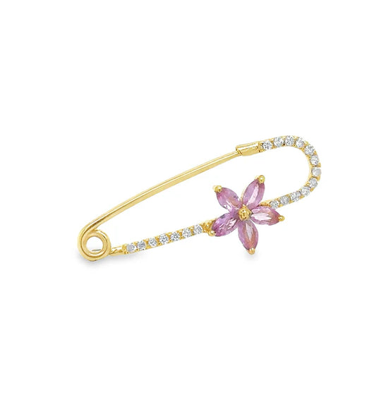 14KT YELLOW GOLD PINK SAPPHIRE AND DIAMONDS SAFETY PIN