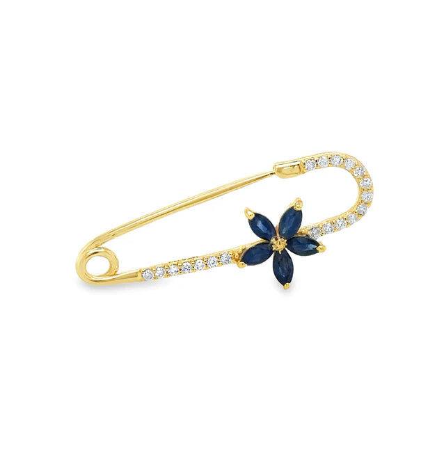 14KT YELLOW GOLD SAPPHIRE AND DIAMONDS SAFETY PIN