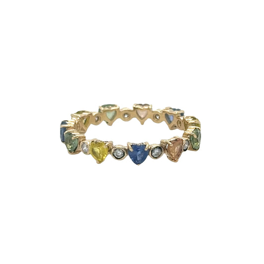14KT GOLD HEART SHAPE MULTI SAPPHIRE WITH DIAMOND RING