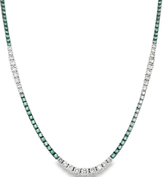 18KT WHITE GOLD EMERALD AND DIAMOND TENNIS NECKLACE