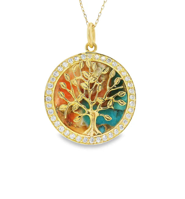 14KT YELLOW GOLD OYSTER TURQUOISE TREE OF LIFE PENDANT WITH DIAMONDS