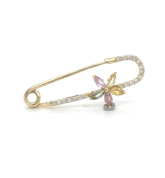 14KT YELLOW GOLD MULTI SAPPHIRE AND DIAMONDS SAFETY PIN