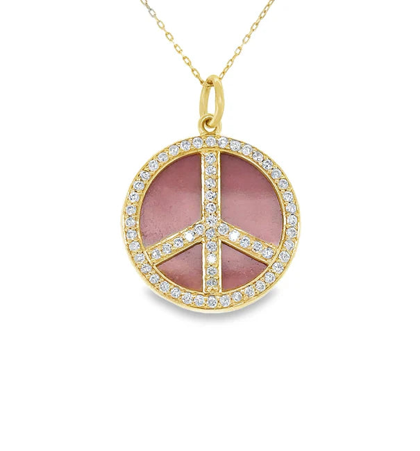 14KT YELLOW GOLD PINK OPAL PEACE SIGN PENDANT WITH DIAMONDS