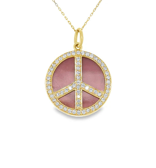 14KT YELLOW GOLD PINK OPAL PEACE SIGN PENDANT WITH DIAMONDS