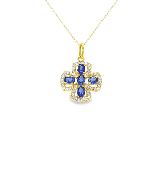 14KT YELLOW GOLD BLUE SAPPHIRE AND DIAMOND PENDANT