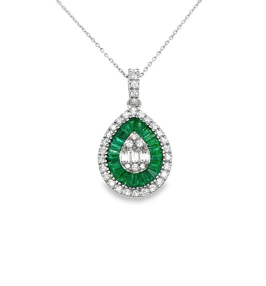 14KT WHITE GOLD EMERALD AND DIAMONDS PEAR SHAPE PENDANT