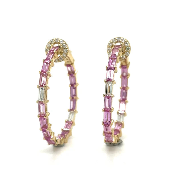 14KT YELLOW GOLD PINK SAPPHIRE AND DIAMONDS HOOP EARING