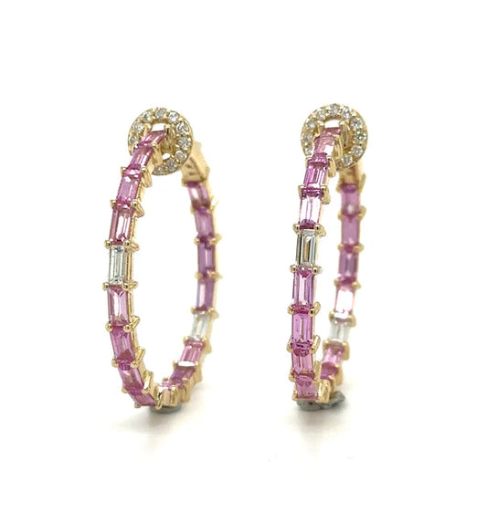 14KT YELLOW GOLD PINK SAPPHIRE AND DIAMONDS HOOP EARING
