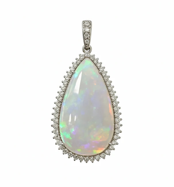 14KT WHITE GOLD OPAL PENDANT WITH DIAMONDS