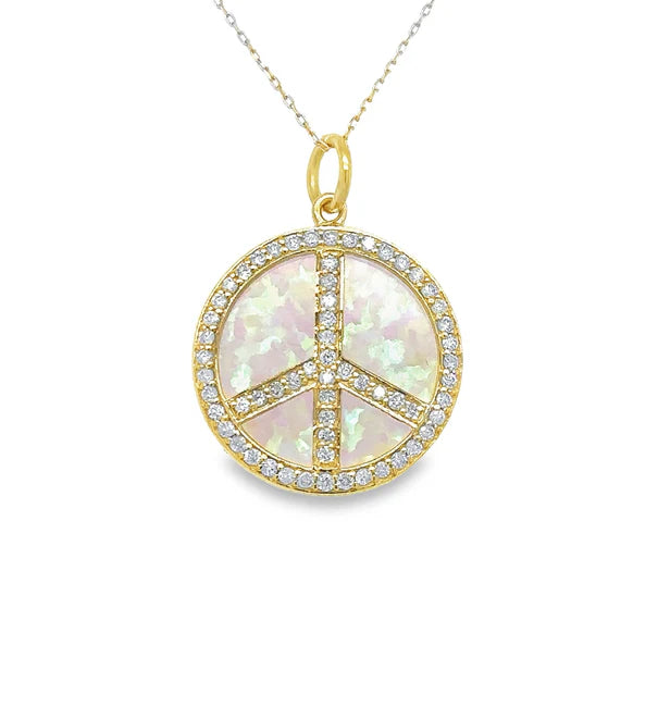 14KT YELLOW GOLD OPAL PEACE SIGN PENDANT WITH DIAMONDS
