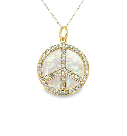 14KT YELLOW GOLD OPAL PEACE SIGN PENDANT WITH DIAMONDS