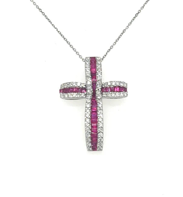 14KT YELLOW GOLD RUBY AND DIAMONDS CROSS PENDANT