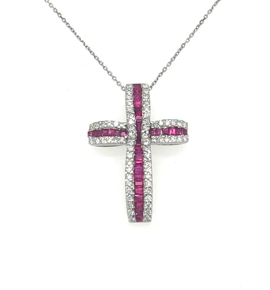 14KT YELLOW GOLD RUBY AND DIAMONDS CROSS PENDANT
