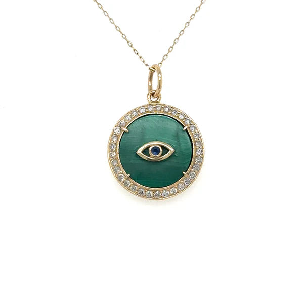 14KT YELLOW GOLD MALACHITE EVIL EYE PENDENT WITH DIAMONDS