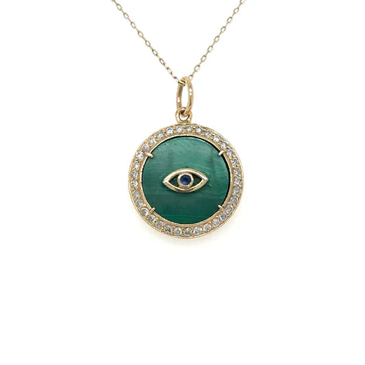 14KT YELLOW GOLD MALACHITE EVIL EYE PENDENT WITH DIAMONDS
