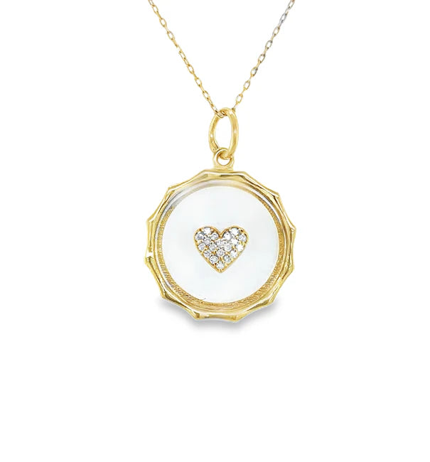 14KT YELLOW GOLD CLEAR QUARTZ HEART PENDANT WITH DIAMONDS