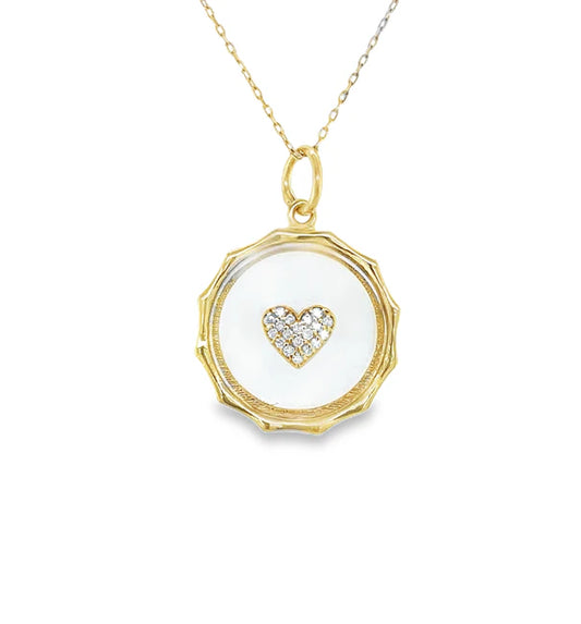 14KT YELLOW GOLD CLEAR QUARTZ HEART PENDANT WITH DIAMONDS