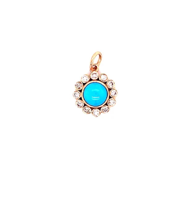 14KT GOLD TURQUOISE ROUND PENDANT WITH DIAMONDS