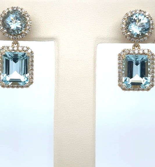 14K YELLOW GOLD AQUAMARINE AND DIAMOND EARRING