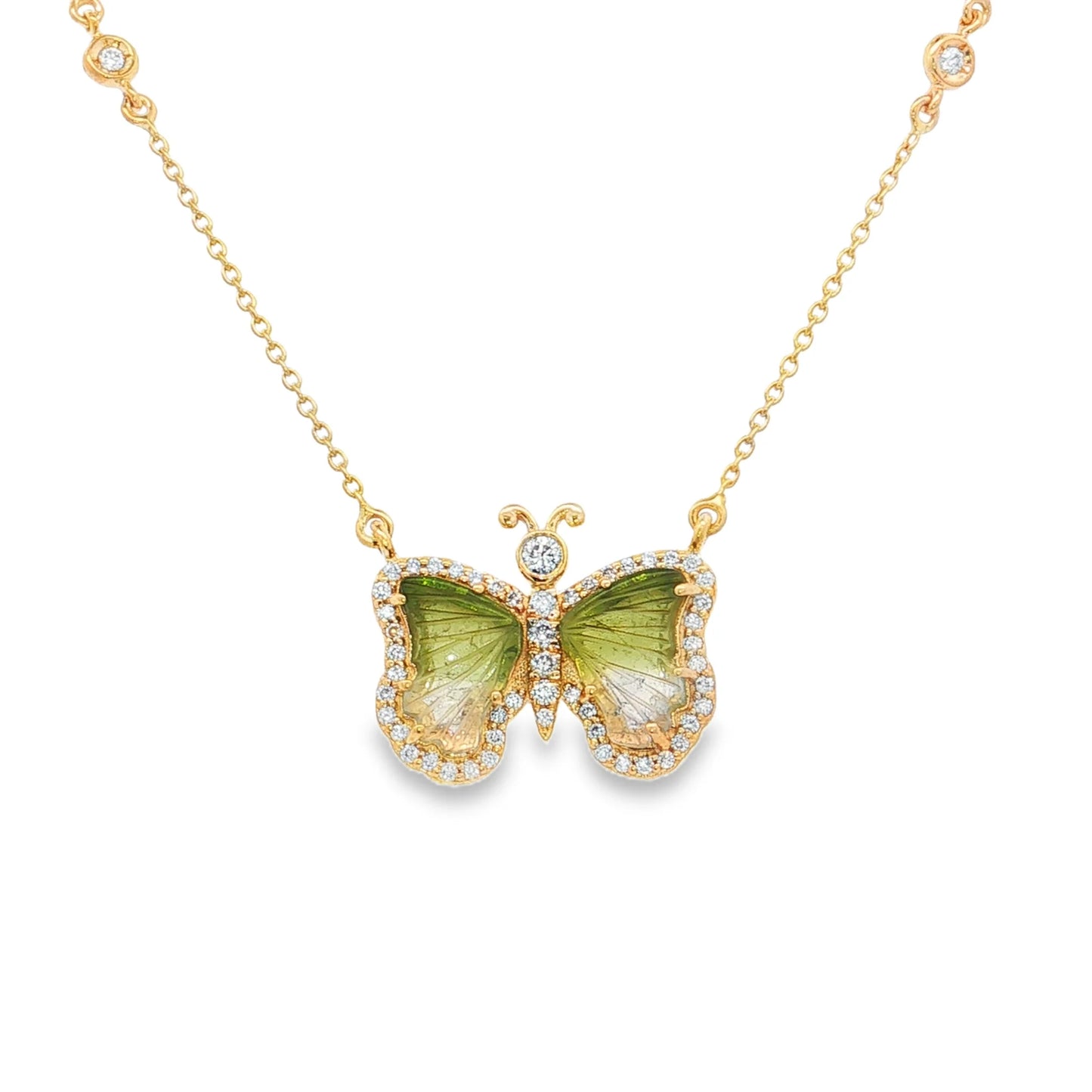 14KT YELLOW GOLD WATERMELON TOURMALINE AND DIAMONDS BUTTERFLY NECKLACE
