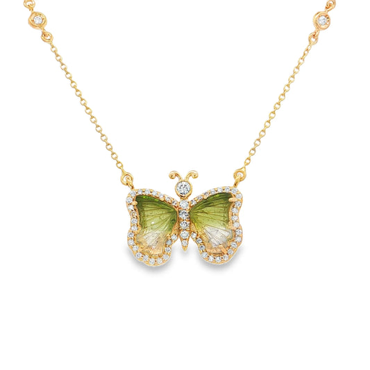 14KT YELLOW GOLD WATERMELON TOURMALINE AND DIAMONDS BUTTERFLY NECKLACE