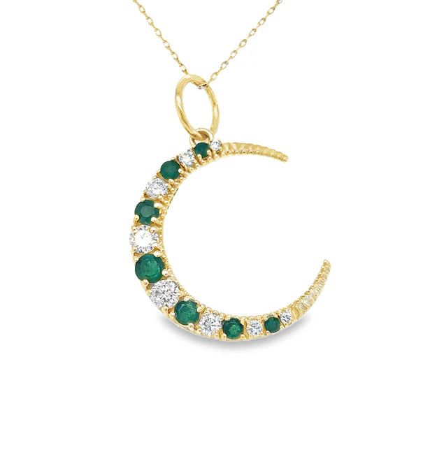 14KT YELLOW GOLD HALF MOON PENDANT WITH EMERALD AND DIAMONDS