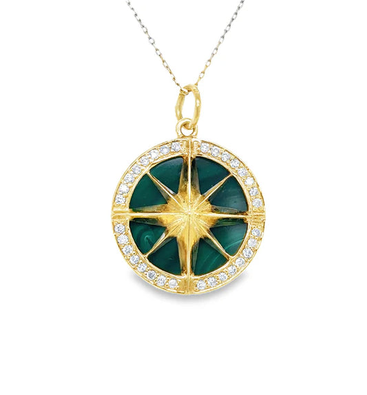 14KT YELLOW GOLD MALACHITE COMPASS PENDANT WITH DIAMONDS