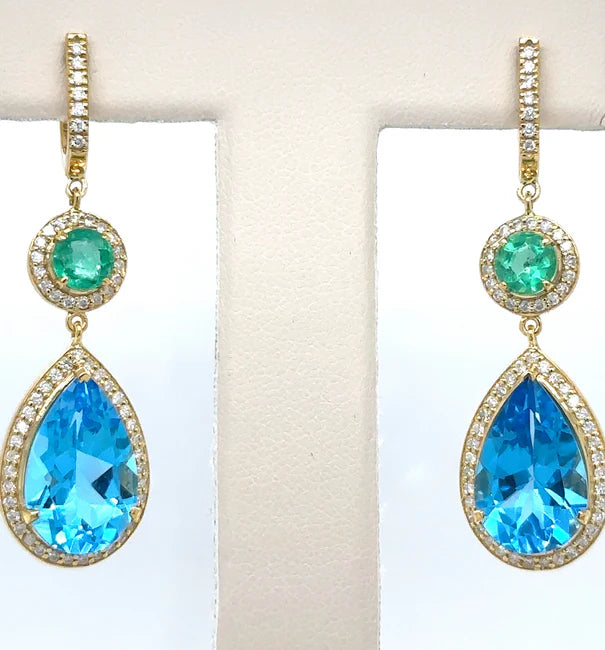 18KT YELLOW GOLD EMERALD, TOPAZ AND DIAMONDS EARRING
