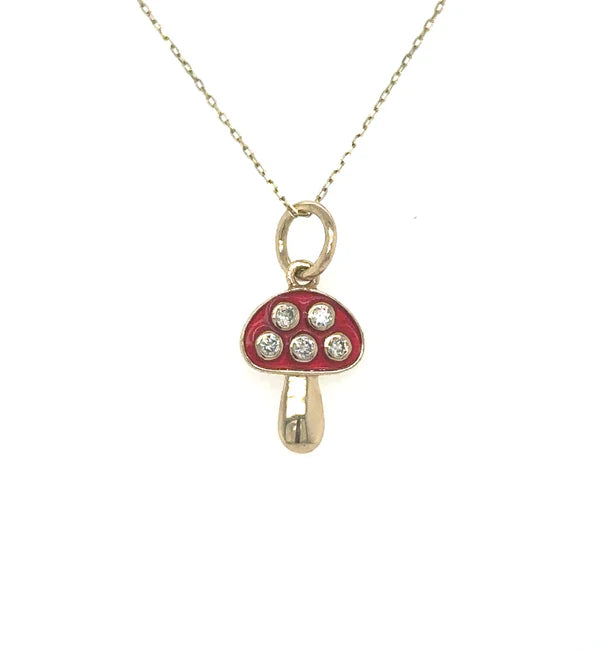 14KT YELLOW GOLD MUSHROOM PENDANT WITH RED ENAMEL AND DIAMONDS