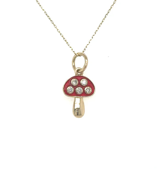 14KT YELLOW GOLD MUSHROOM PENDANT WITH RED ENAMEL AND DIAMONDS