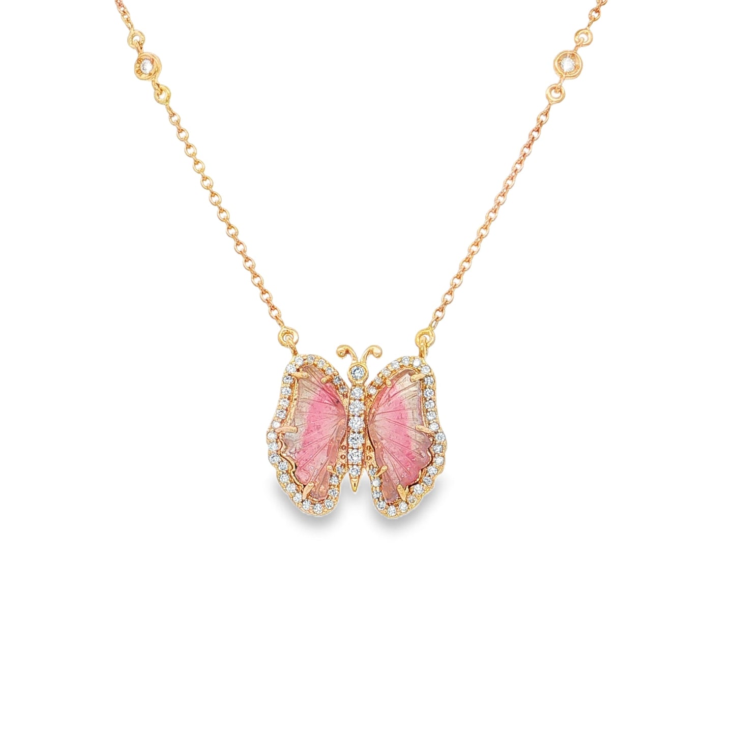 14KT YELLOW GOLD WATERMELON TOURMALINE AND DIAMONDS BUTTERFLY NECKLACE