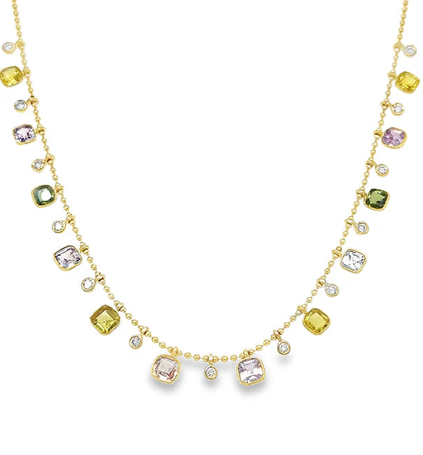 14KT YELLOW GOLD MULTI SAPPHIRE AND DIAMOND DANGLING NECKLACE