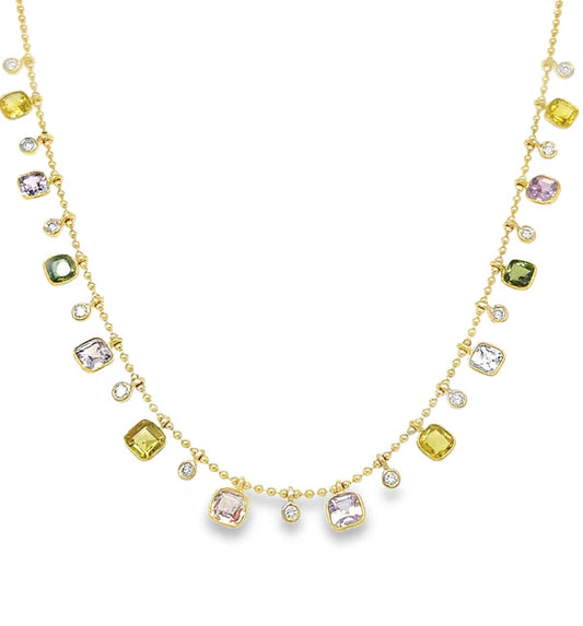 14KT YELLOW GOLD MULTI SAPPHIRE AND DIAMOND DANGLING NECKLACE