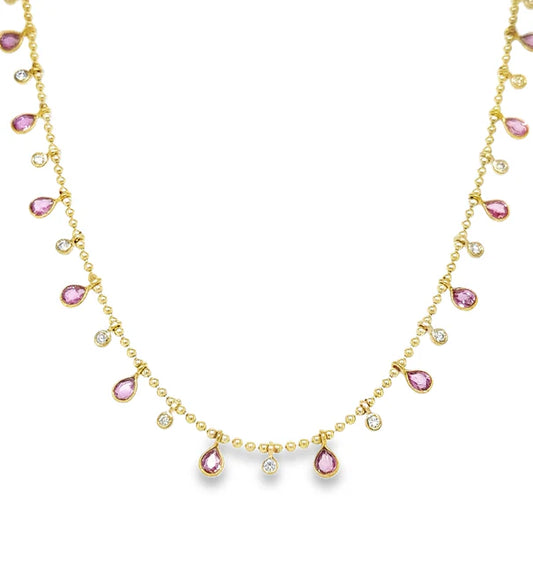 14KT YELLOW GOLD PINK SAPPHIRE AND DIAMOND DANGLING NECKLACE