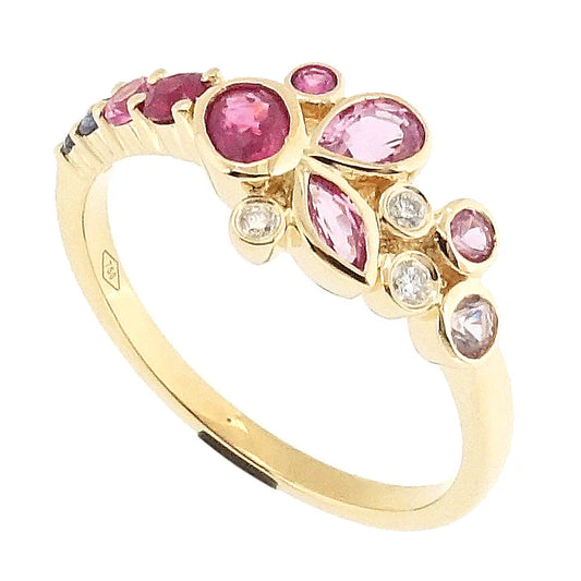 18KT YELLOW GOLD RUBY SAPPHIRE AND DIAMOND RING