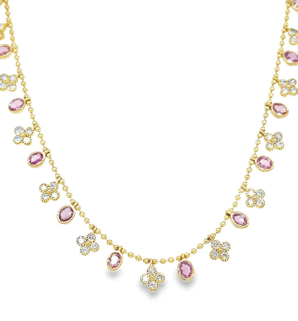 14KT YELLOW GOLD PINK SAPPHIRE AND DIAMOND DANGLING NECKLACE