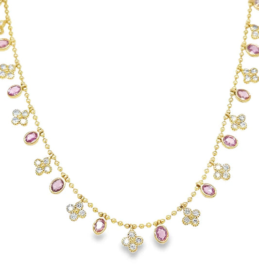 14KT YELLOW GOLD PINK SAPPHIRE AND DIAMOND DANGLING NECKLACE