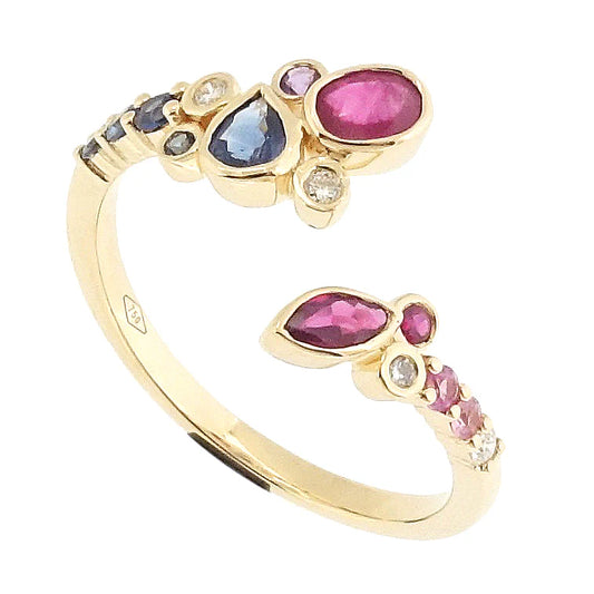 18KT YELLOW GOLD RUBY M.SAPPHIRE AND DIAMOND RING