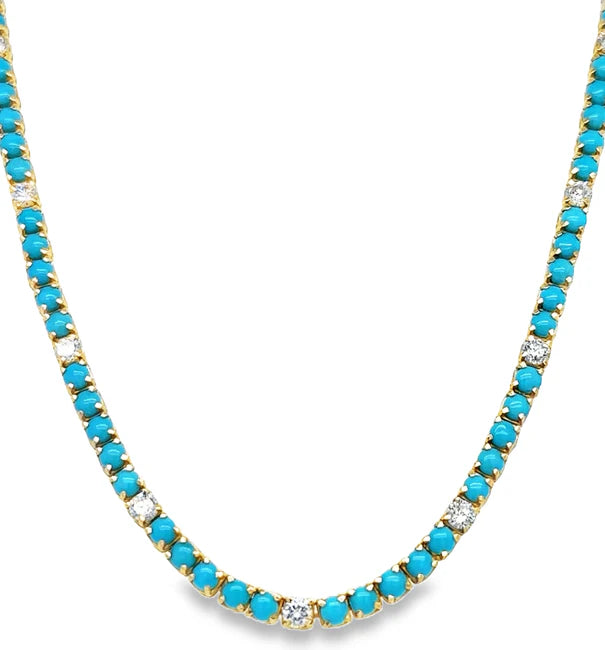 14KT YELLOW GOLD TURQUOISE AND DIAMONDS NECKLACE