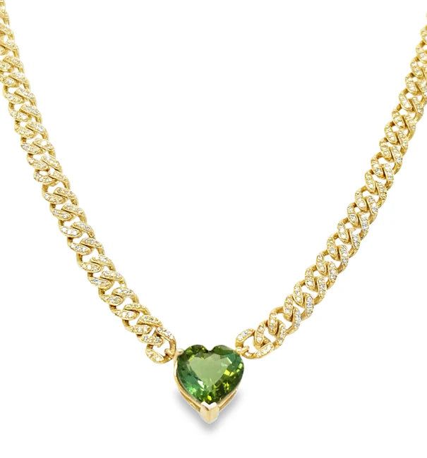14KT YELLOW GOLD GREEN TOURMALINE AND DIAMOND CUBAN NECKLACE